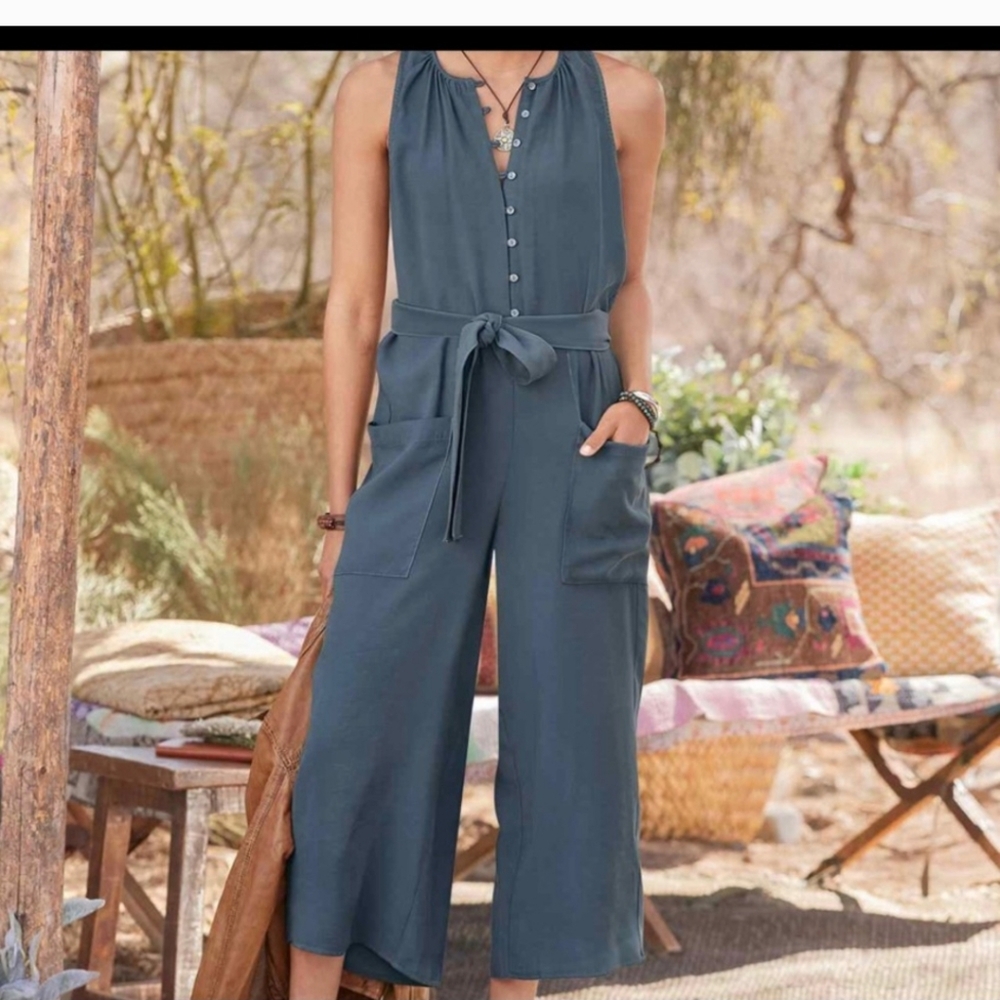 Sundance Slate Blue Button Up Wide Leg Cropped Romper Small - Picture 5 of 5